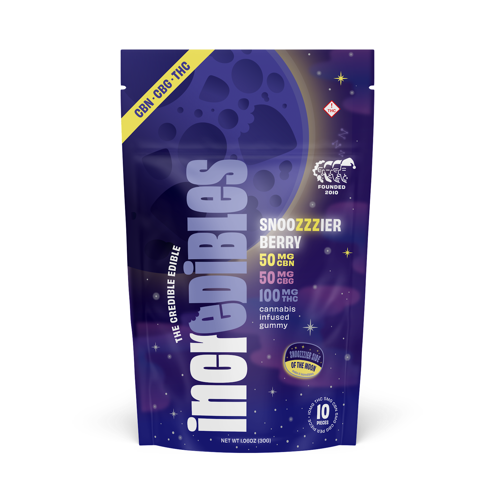Photograph of product: Incredibles | 100mg | Edibles | Gummies | 10 Pack | 2:1:1 TH-oui:CBN:CBG | Snoozzzierberry