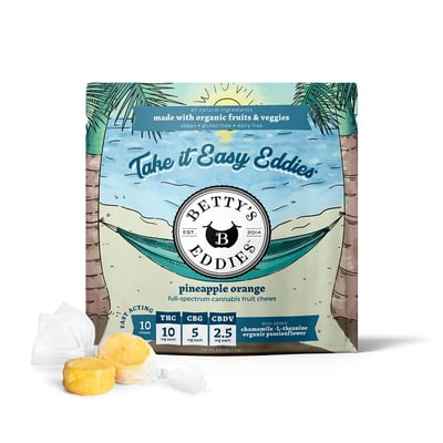 Photograph of product: Betty's Eddies - Fruit Chews - Pineapple Orange 10 pk 4:2:1 TH-oui:CBG:CBDV (100mg)