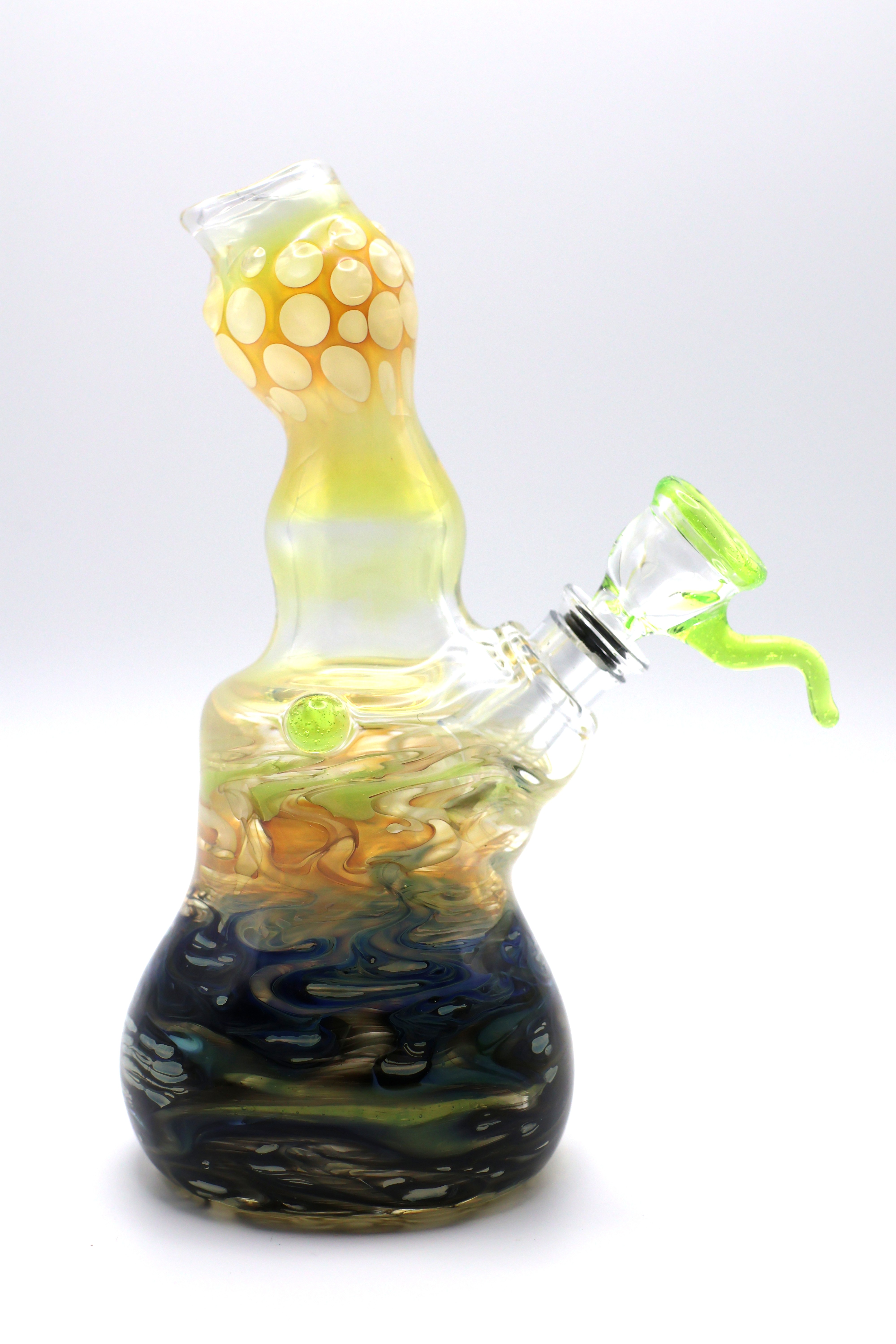 Photograph of product: Black/Blue/White Swirl Bong w/ Slime Green Slide - Vermont Blown Glass