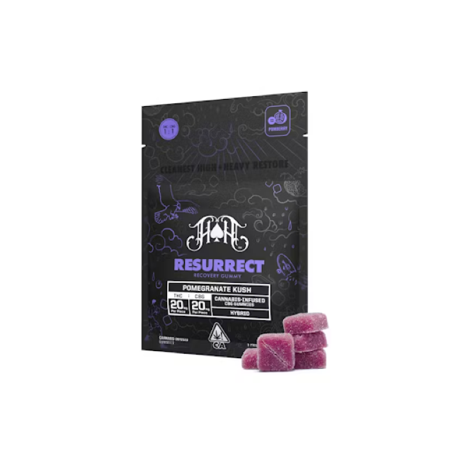 Photograph of product: 1:1 POMEGRANATE KUSH TH-oui:CBG 100MG RECOVERY 5 PACK GUMMIES