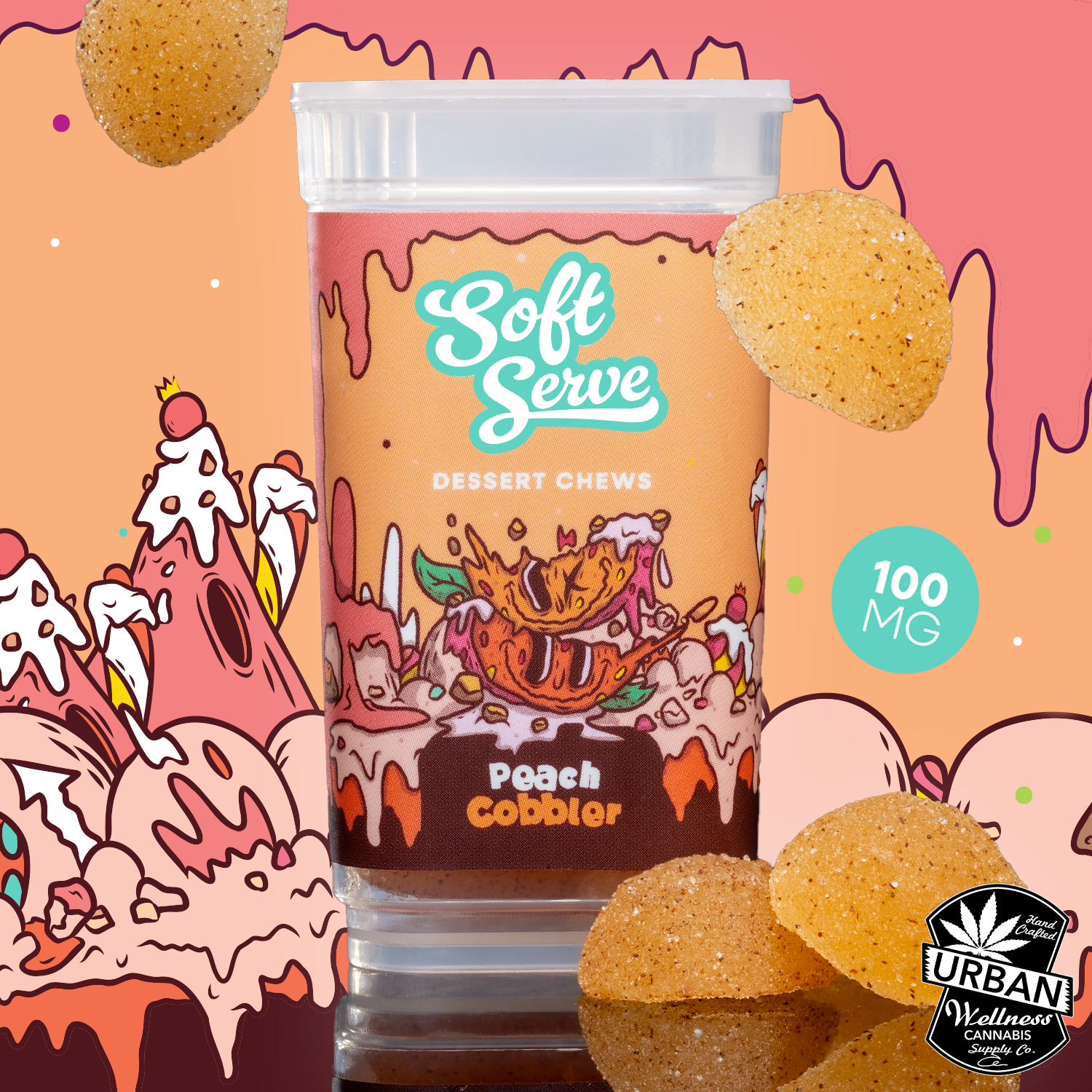 Photograph of product: Soft Serve - Peach Cobbler - Hybrid - Gummies 100mg