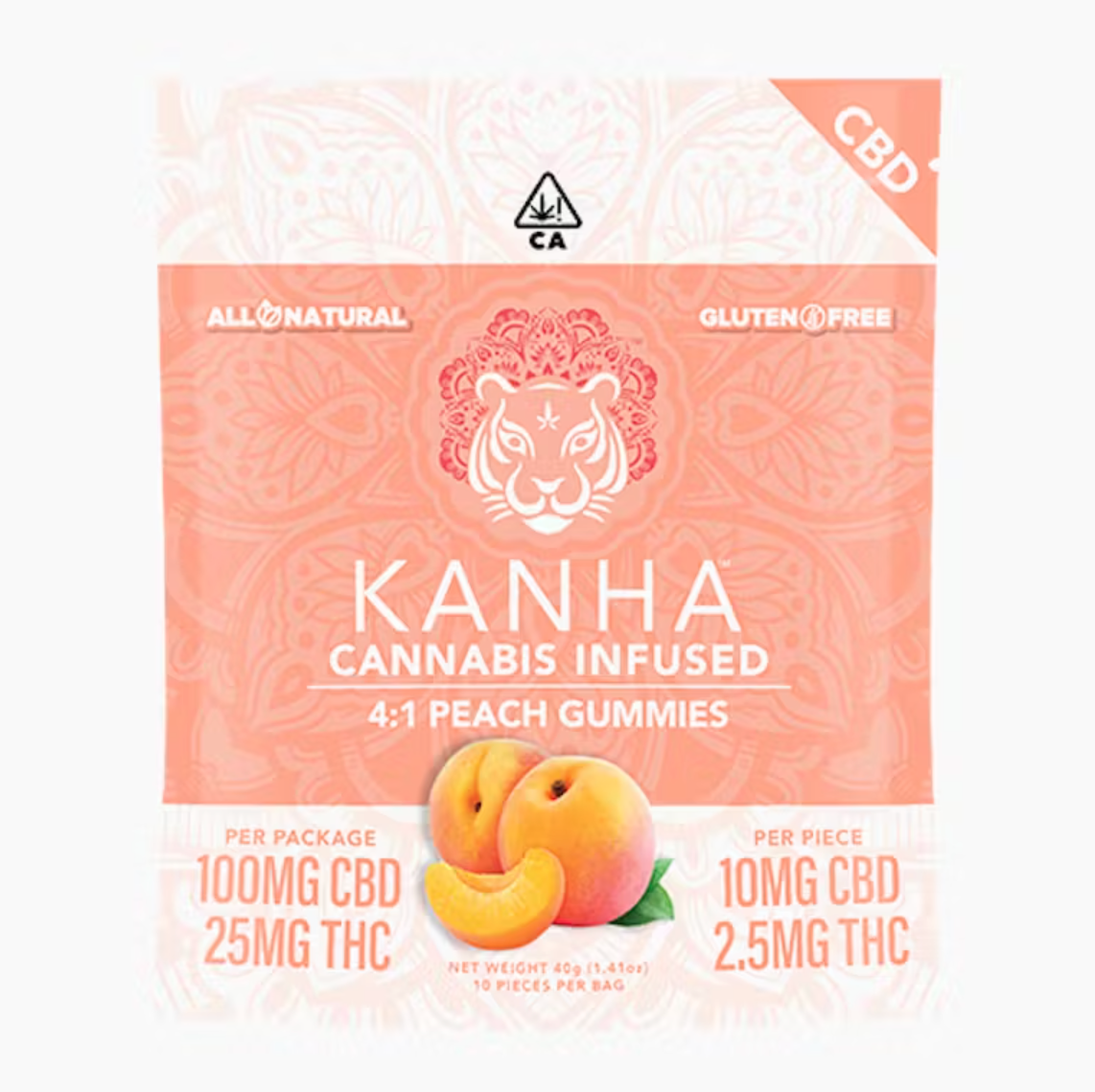 Photograph of product: 4:1 PEACH 25MG CBD:THC 10 PACK GUMMIES