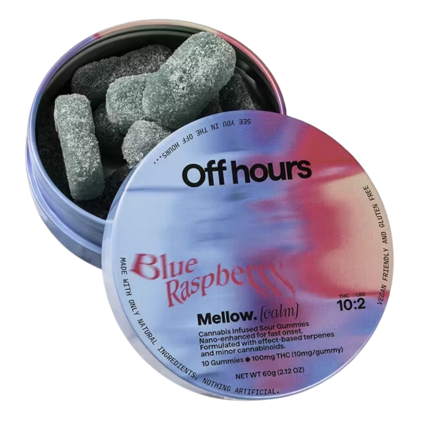 Photograph of product: Blue Raspberry "Mellow" Sour Gummies | 10:2 TH-oui:CBD | 10 Pack | 100mg