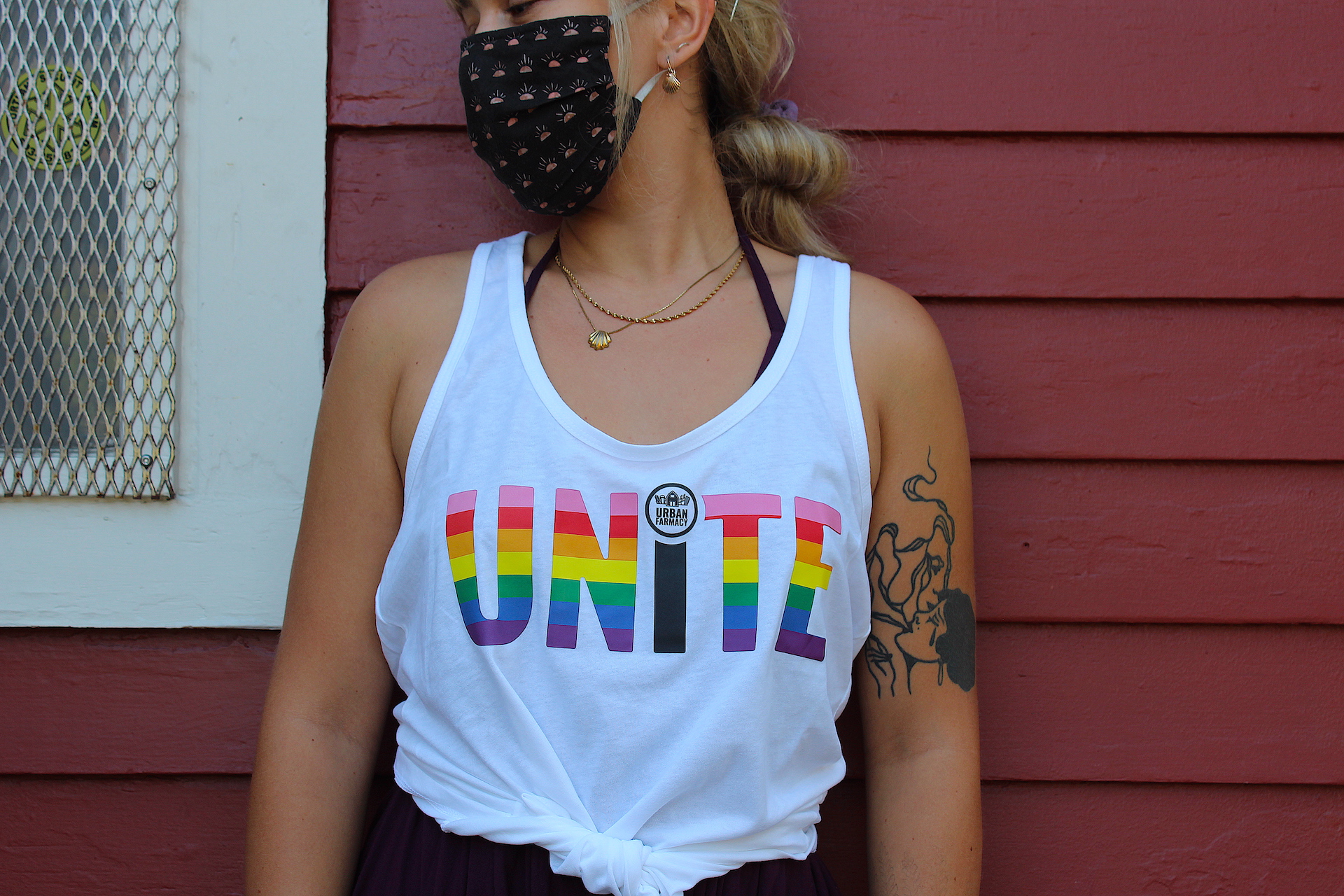 Photograph of product: Urban Farmacy - "UNITE" White Gathered Racerback Tank (S-XL)