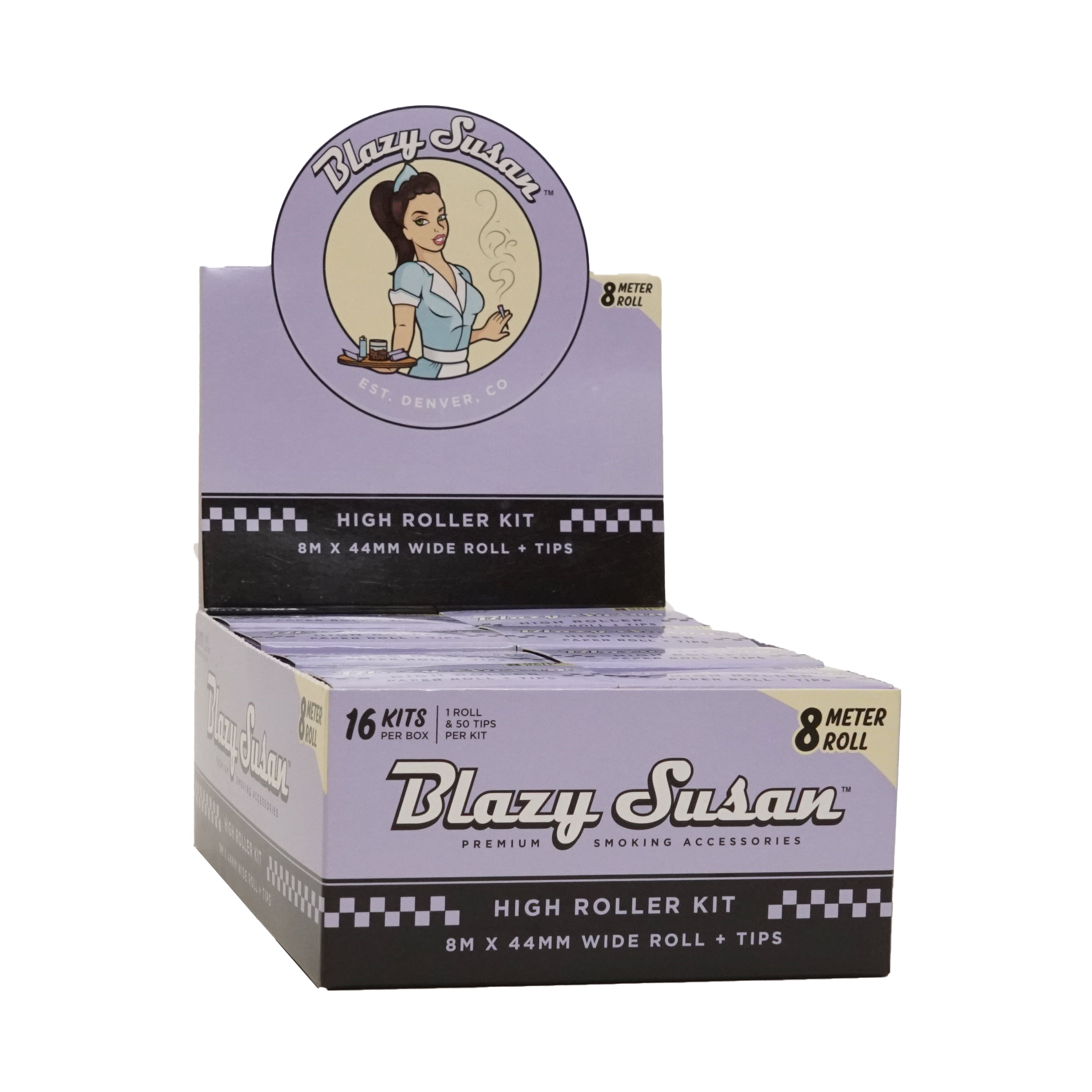 Photograph of product: Blazy Susan | Purple rolling paper | High Roller Kit