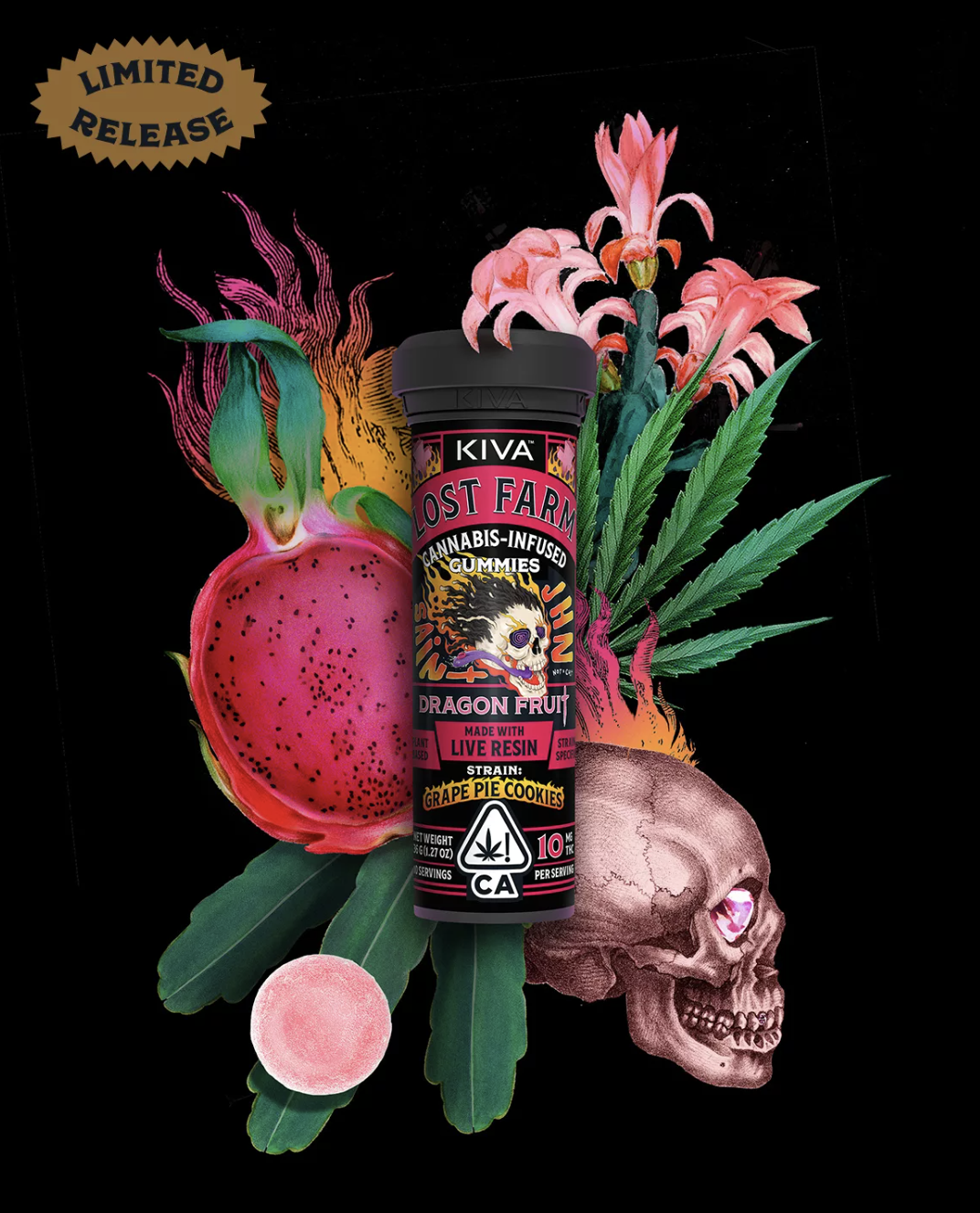 Photograph of product: DRAGONFRUIT TROPICANNA CHERRY 10 PACK LOST FARM CHEWS