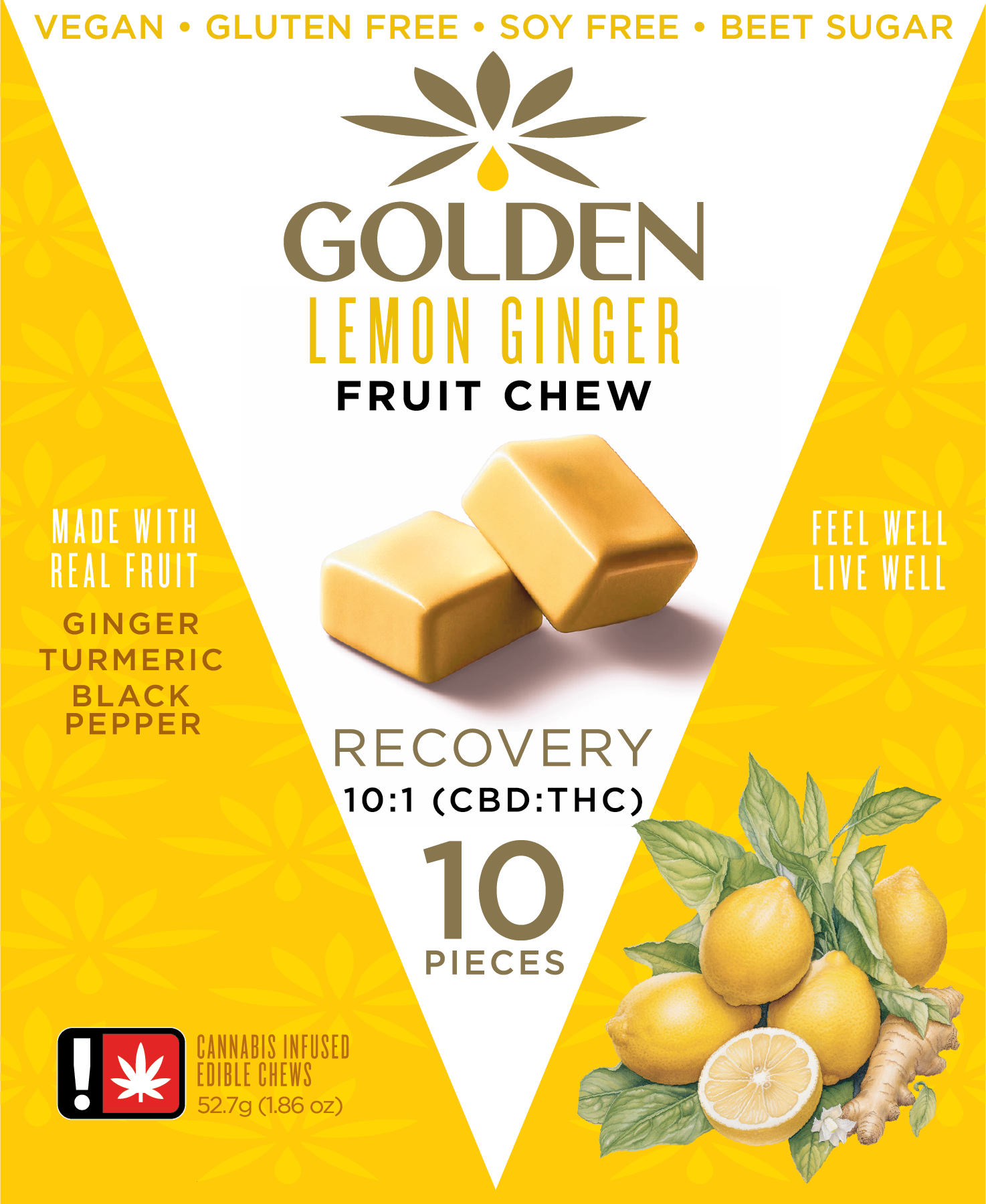 Photograph of product: Golden | 10:1 LEMON GINGER Fruit Chew 10 Pack | 50mg