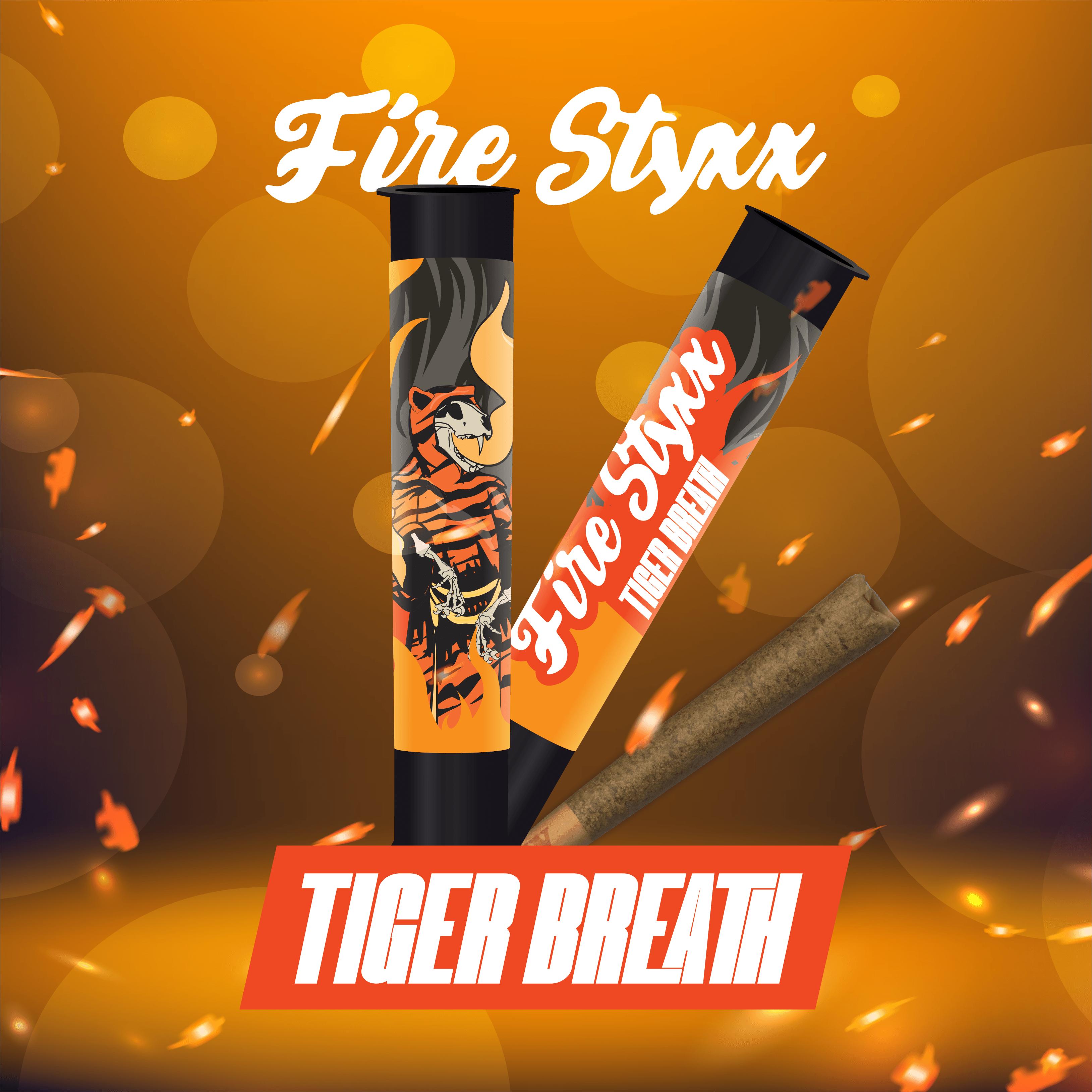 Photograph of product: Tiger's Breath Fire Styxx TH-ouia Infused Pre-Roll (4 Pack) | Glorious Oui'd Company | 2g