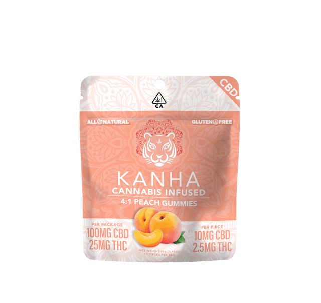 Photograph of product: 4:1 CBD:THC | Peach | 100mg CBD/25mg THC | 10-pack