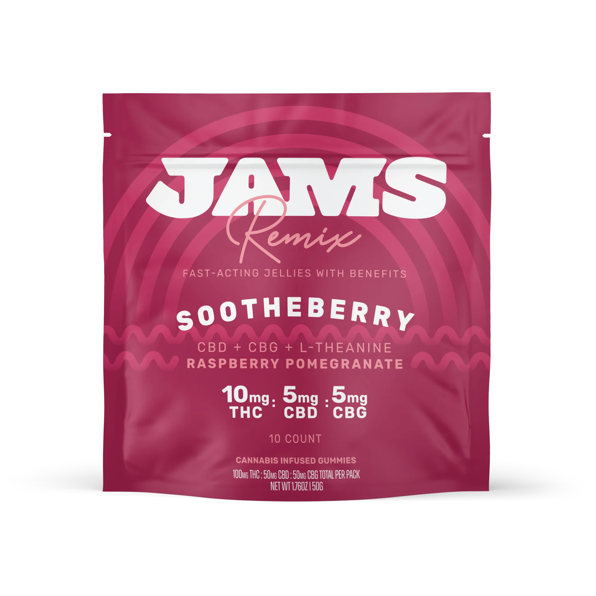 Photograph of product: Jams REMIX "Sootheberry" Pomegranate Raspberry Fast-Acting Jellies 10pk (L-Theanine, 10mg TH-oui, 5mg CBG, 5mg CBD each)
