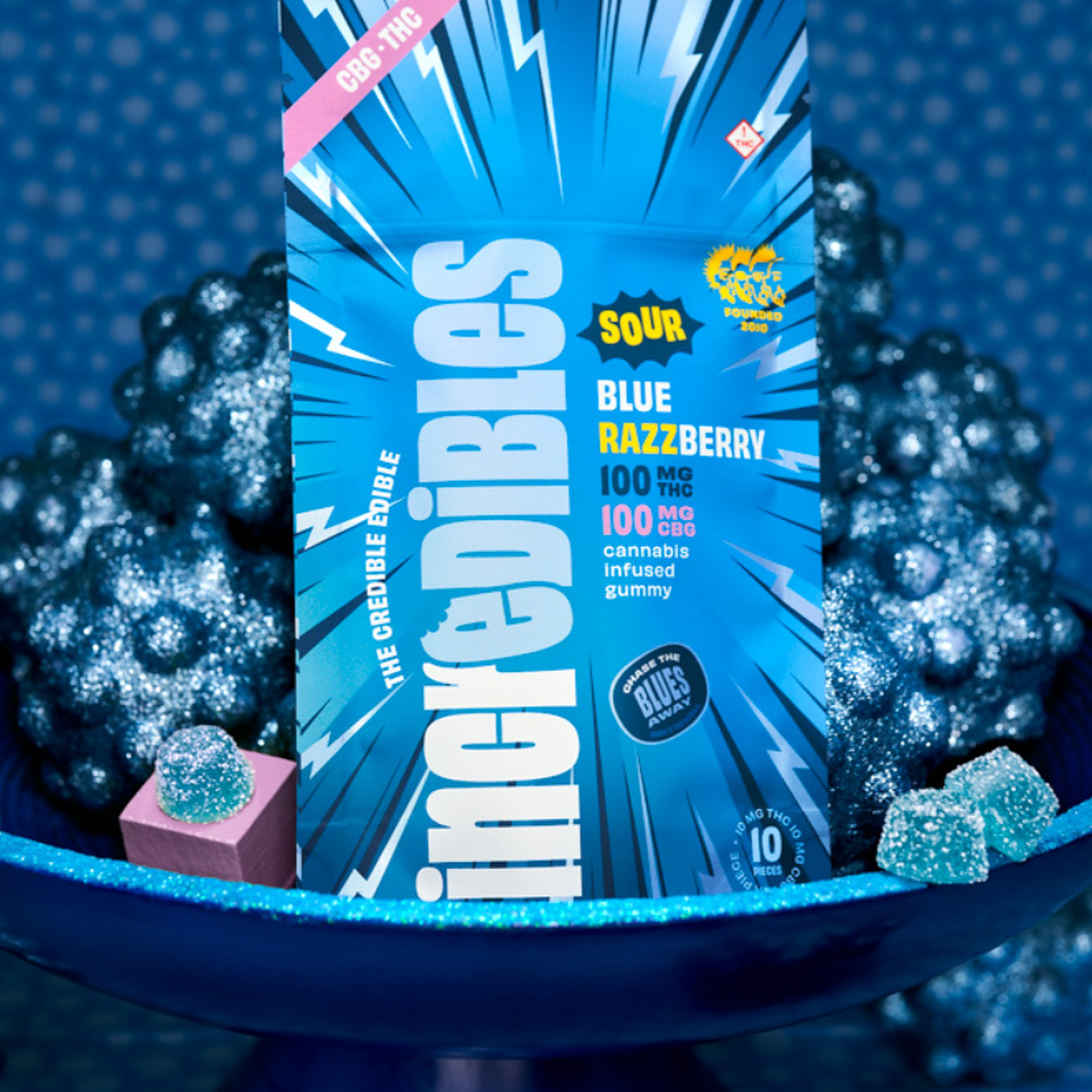 Photograph of product: Incredibles Gummies - Sour Blue Razzberry 1:1 (TH-oui:CBG) 10Pk - Hybrid