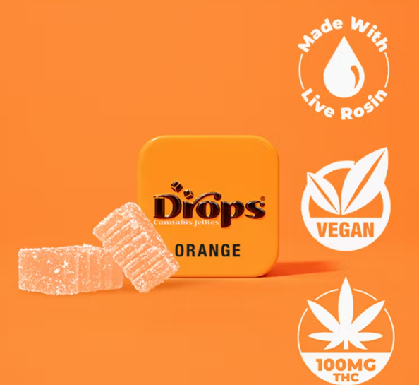 Photograph of product: Drops Single Orange Enhanced TH-oui 100mg Live Rosin Oui'd 2PK Infused Jellies