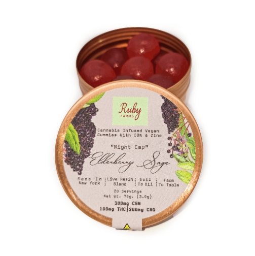 Photograph of product: RUBY FARMS | ELDERBERRY SAGE "NIGHT CAP" | LIVE RESIN BLEND GUMMIES | 100MG