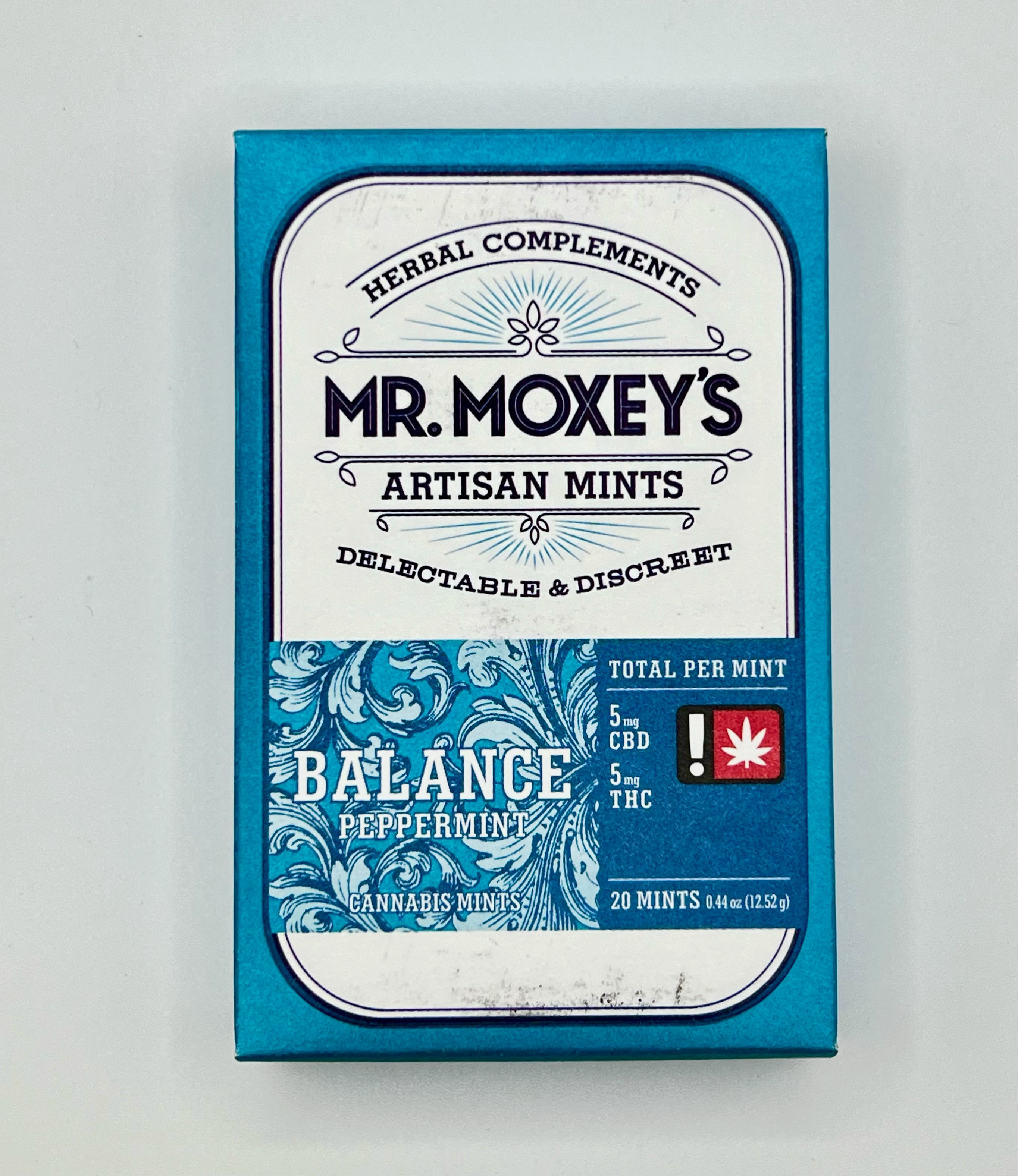 Photograph of product: Mr. Moxey's | Peppermint 1:1 | Balance | CBD:TH-oui | 100mg Edible Mints 20pk