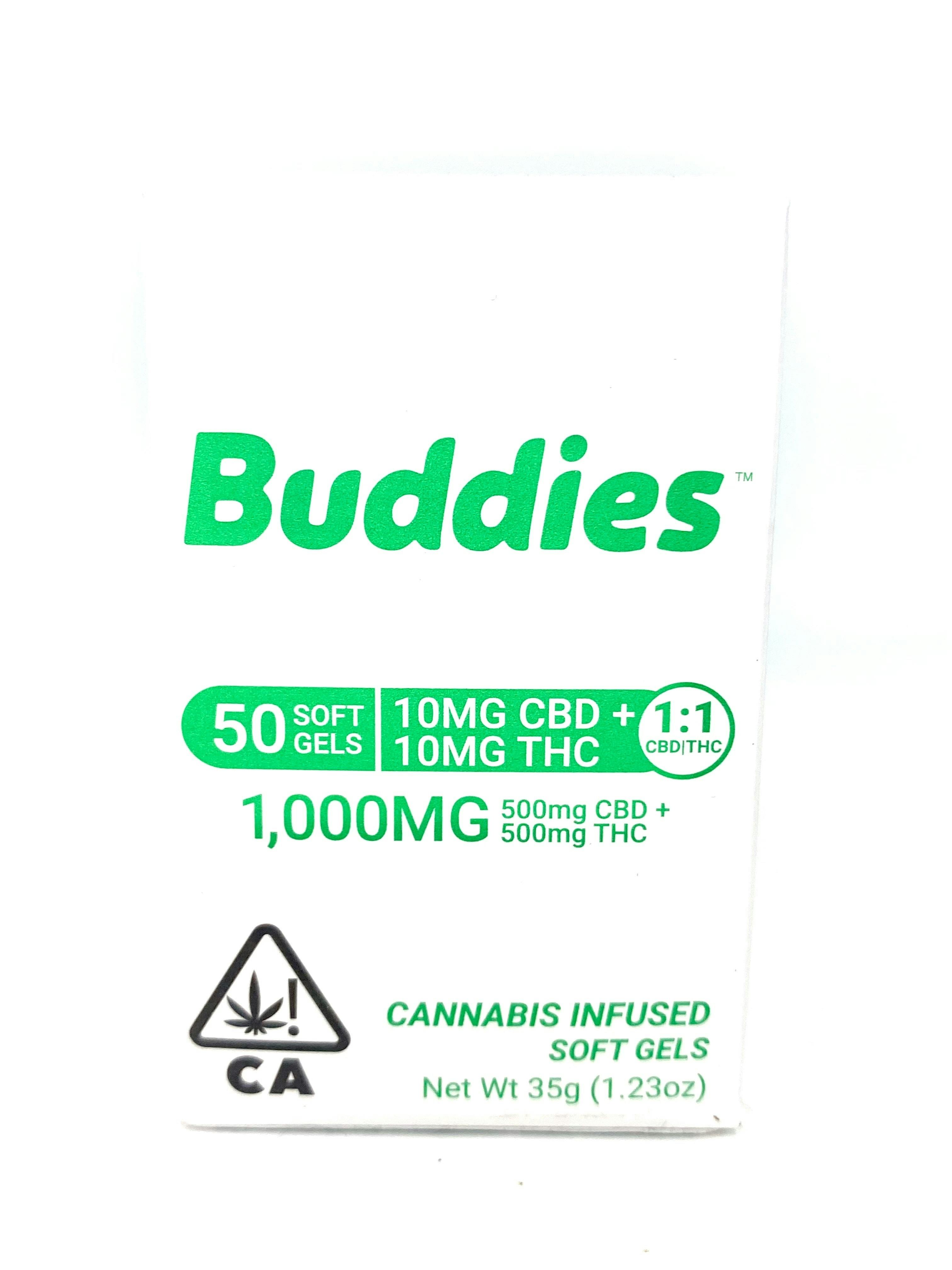 Photograph of product: Buddies - 10mg:10mg TH-oui/CBD Capsule 50pc= 500mg:500mg TH-oui/CBD