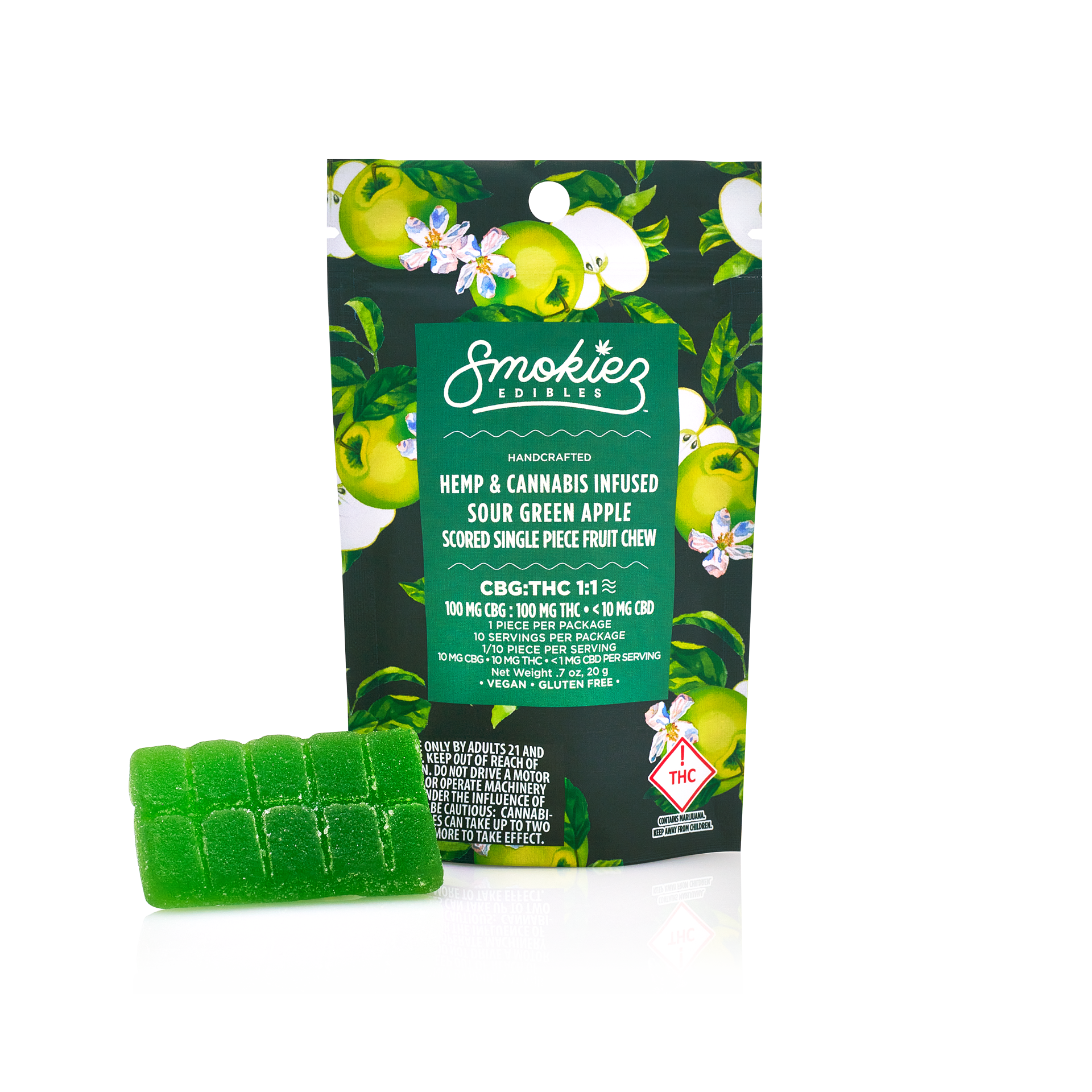 Photograph of product: Smokiez | Sour Green Apple 1:1 TH-oui:CBG Single Gummy | 100mg