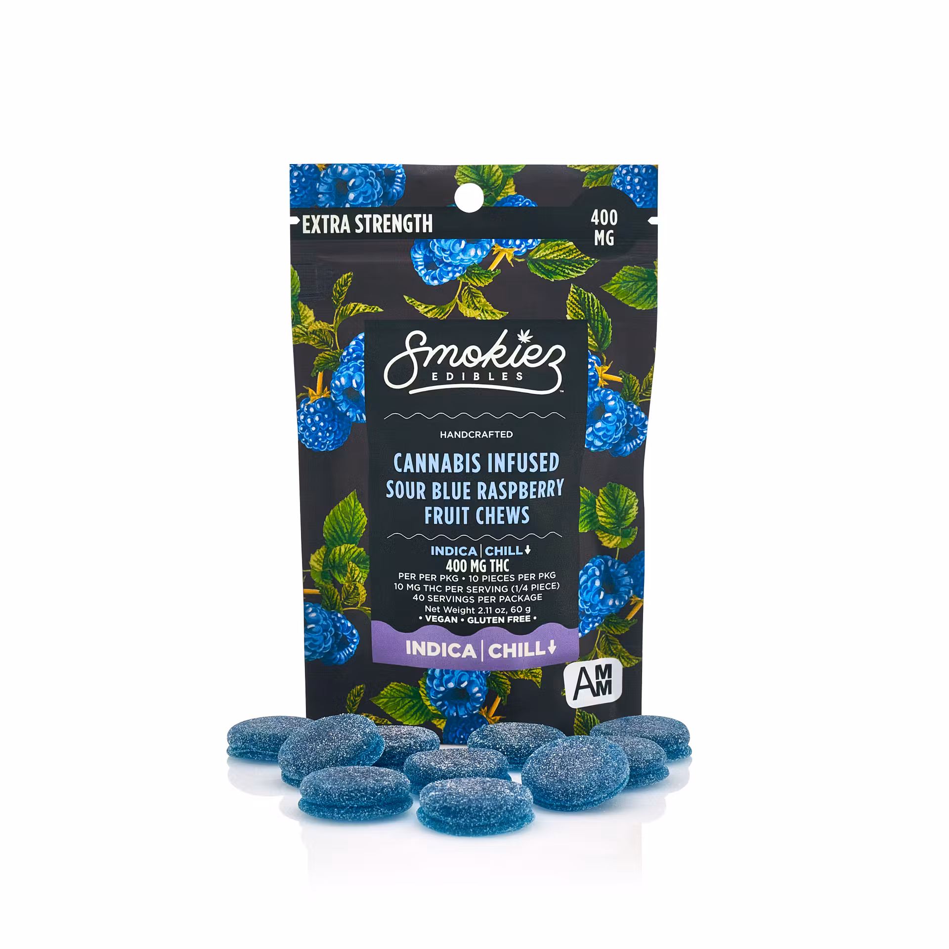 Photograph of product: Smokiez: Gummies | Sour Blue Raspberry | Oui'd | 400mg | 10pk