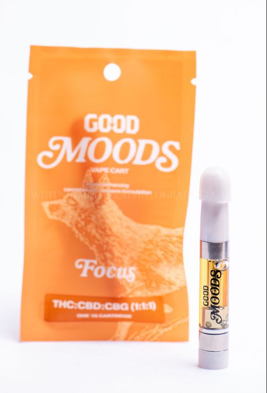 Photograph of product: *Moods* 1:1:1 Focus TH-oui/CBD/CBG 1g Vape Cartridge