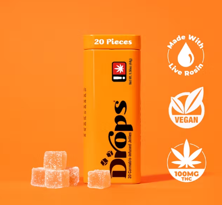 Photograph of product: Drops Orange 5mg 20PK Live Rosin Infused Oui'd Jellies 100mg