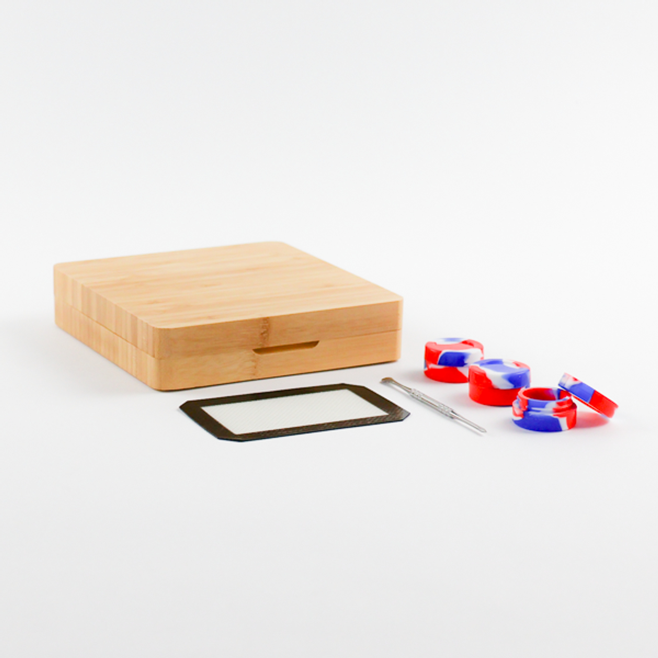 Photograph of product: 7"x7.5" Bamboo Rolling Tray Box Set (Dab Mat, Wax Containers, Tool, Magnetic Seal)
