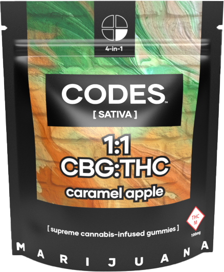 Photograph of Product: Codes: Wellness Gummies | Caramel Apple 1:1  | 100mg THC : 100mg CBG | 5pk