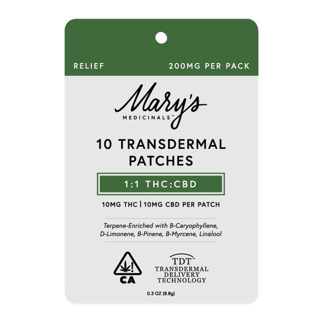 Photograph of product: Mary's Medicinal Transdermal Patch 10pk - Relief 1:1 10mg TH-oui: 10mg CBD