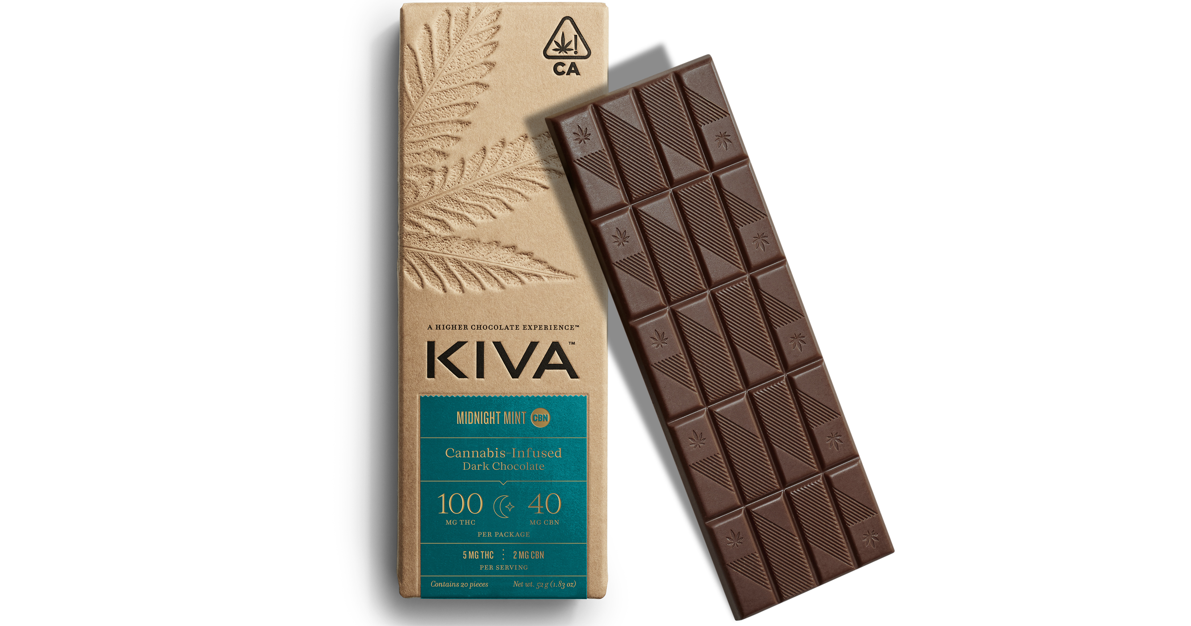 Photograph of product: Kiva | Dark Chocolate | Midnight Mint | 20 Pack | 100mg Thc/ 40mg CBN