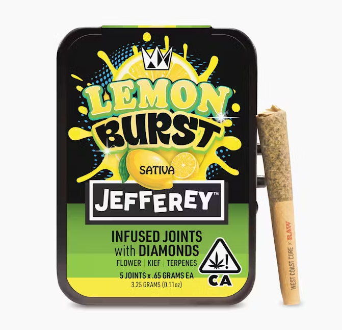 Photograph of product: West Coast Cure Jefferey Lemon Burst Infused Preroll 5pk 3.25g