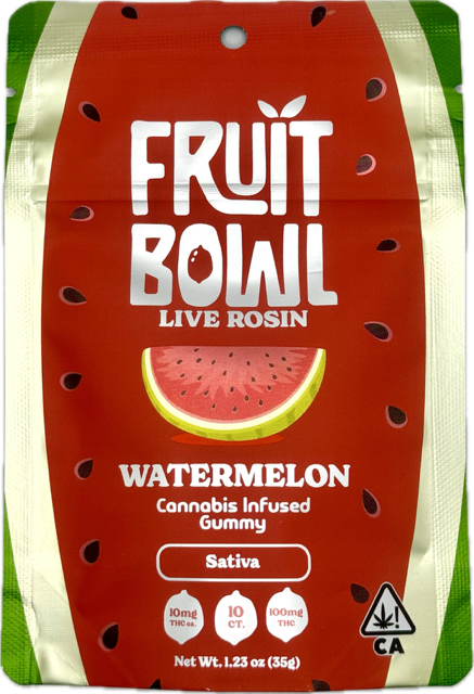Photograph of product: Watermelon Oui'd 100mg 10 Pack Live Rosin Gummies - Fruit Bowl