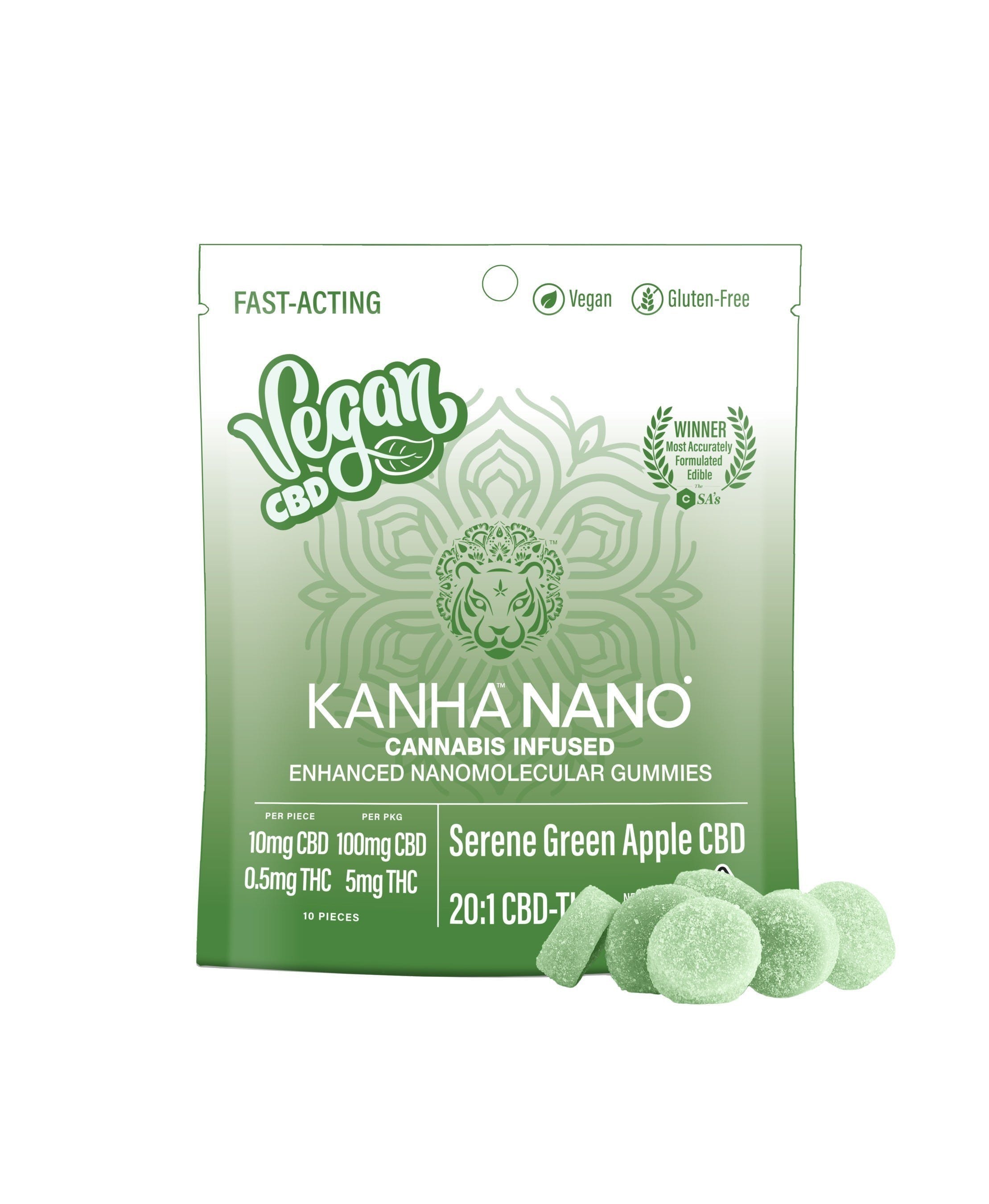 Photograph of product: Kanha - NANO 20:1 CBD Vegan Serene Green Apple Gummies - 10 Pack