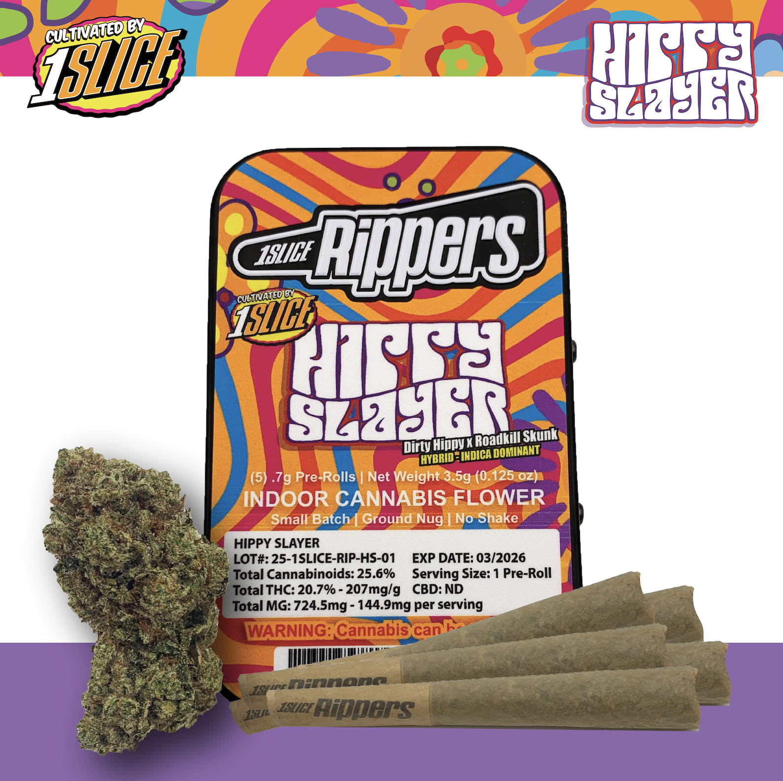 Photograph of product: 1Slice | 0.7g Pre-Roll 5pk (3.5g) | Hippy Slayer