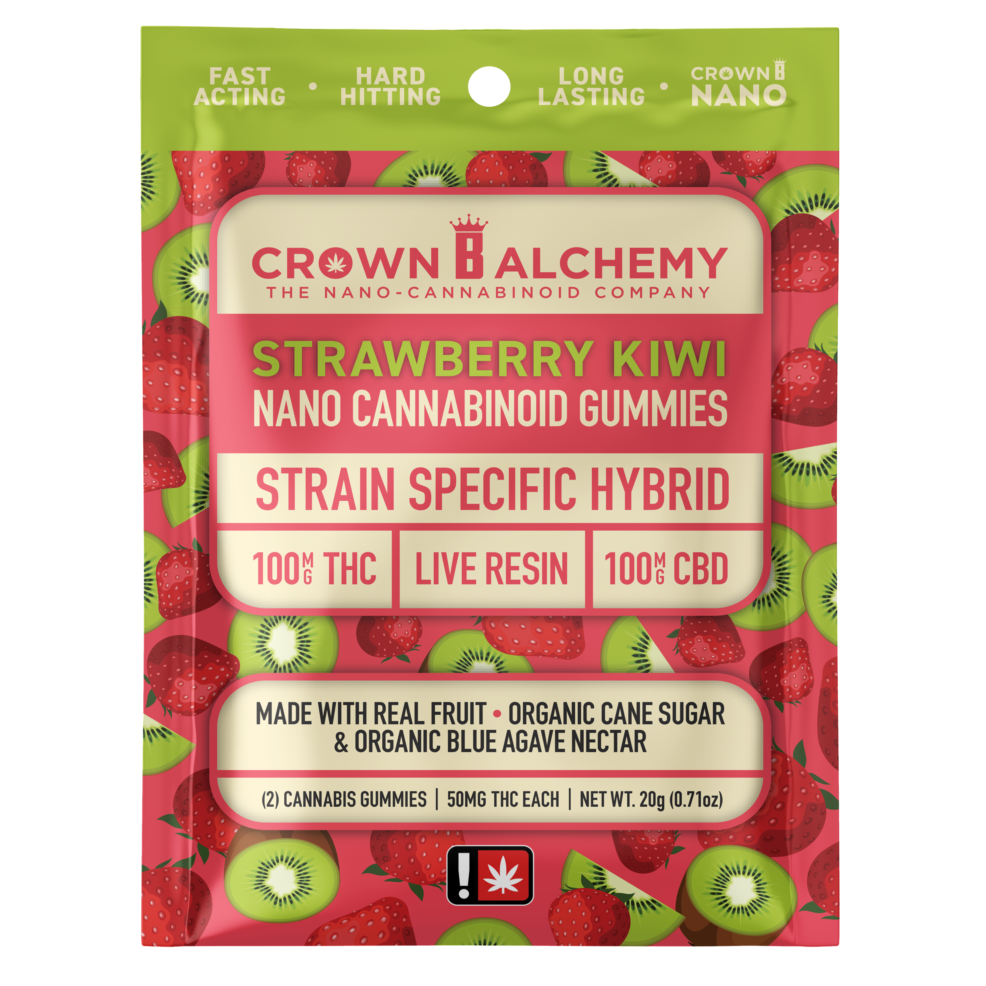 Photograph of product: Crown B Alchemy > Gummy 100mg > Live Resin > 1:1 / TH-oui:CBD > Strawberry Kiwi