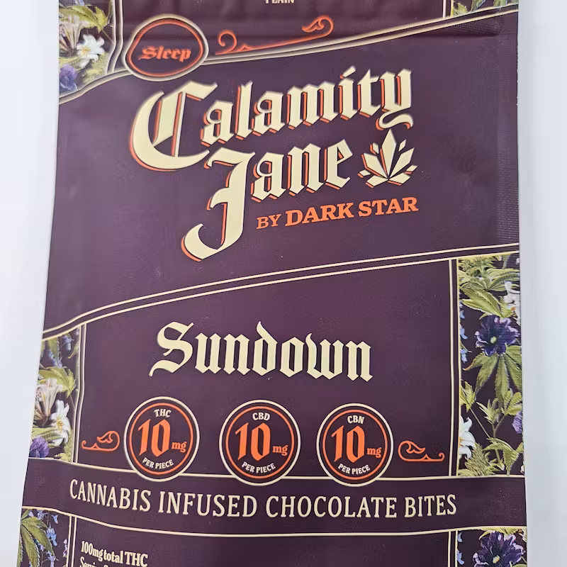 Photograph of product: Calamity Jane Dark Chocolate | 10:10:10 TH-oui: CBD: CBN | 10Pk 100mg | Sundown