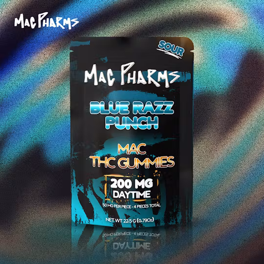 Photograph of product: Mac Pharms - Sour Blue Razz Punch - 200mg Gummies (4x50mg)