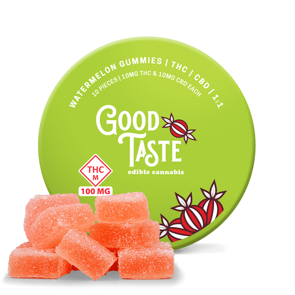 Photograph of product: GOOD TASTE - 1:1 TH-oui:CBD WATERMELON 10PK 100MG HYBRID