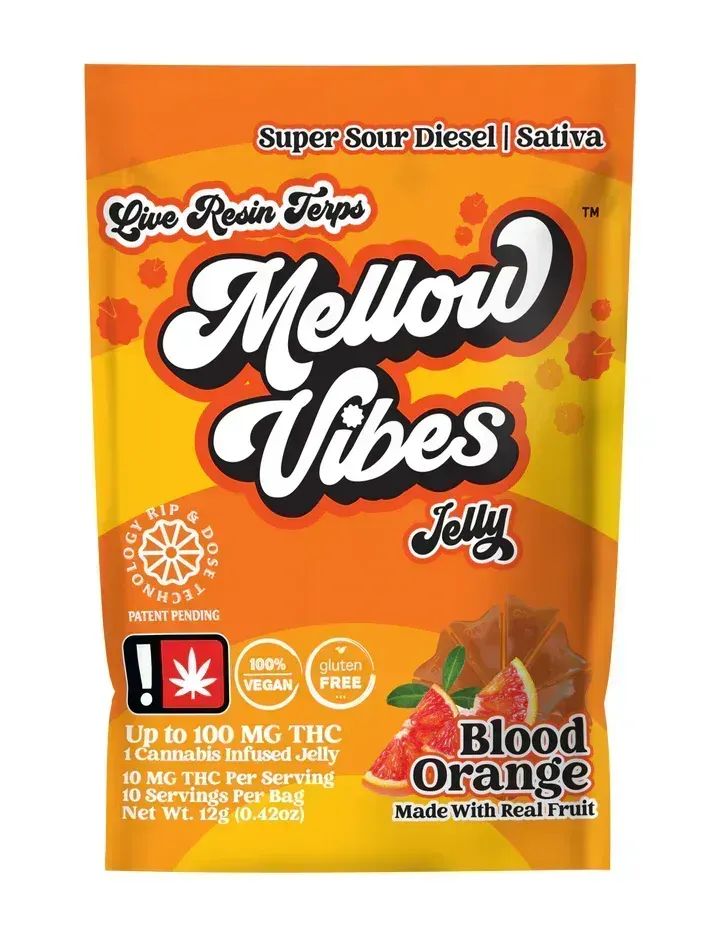 Photograph of product: Mellow Vibes Blood Orange Live Resin Single Gummy 100mg