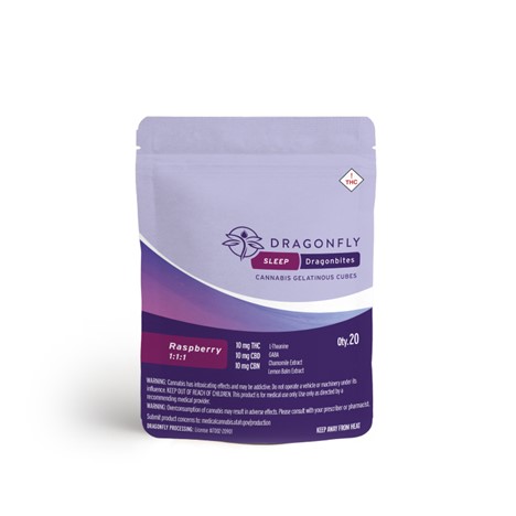 Photograph of product: Raspberry Sleep Dragonbites Gummies | 1:1:1 TH-oui:CBD:CBN | 200mg 20pk
