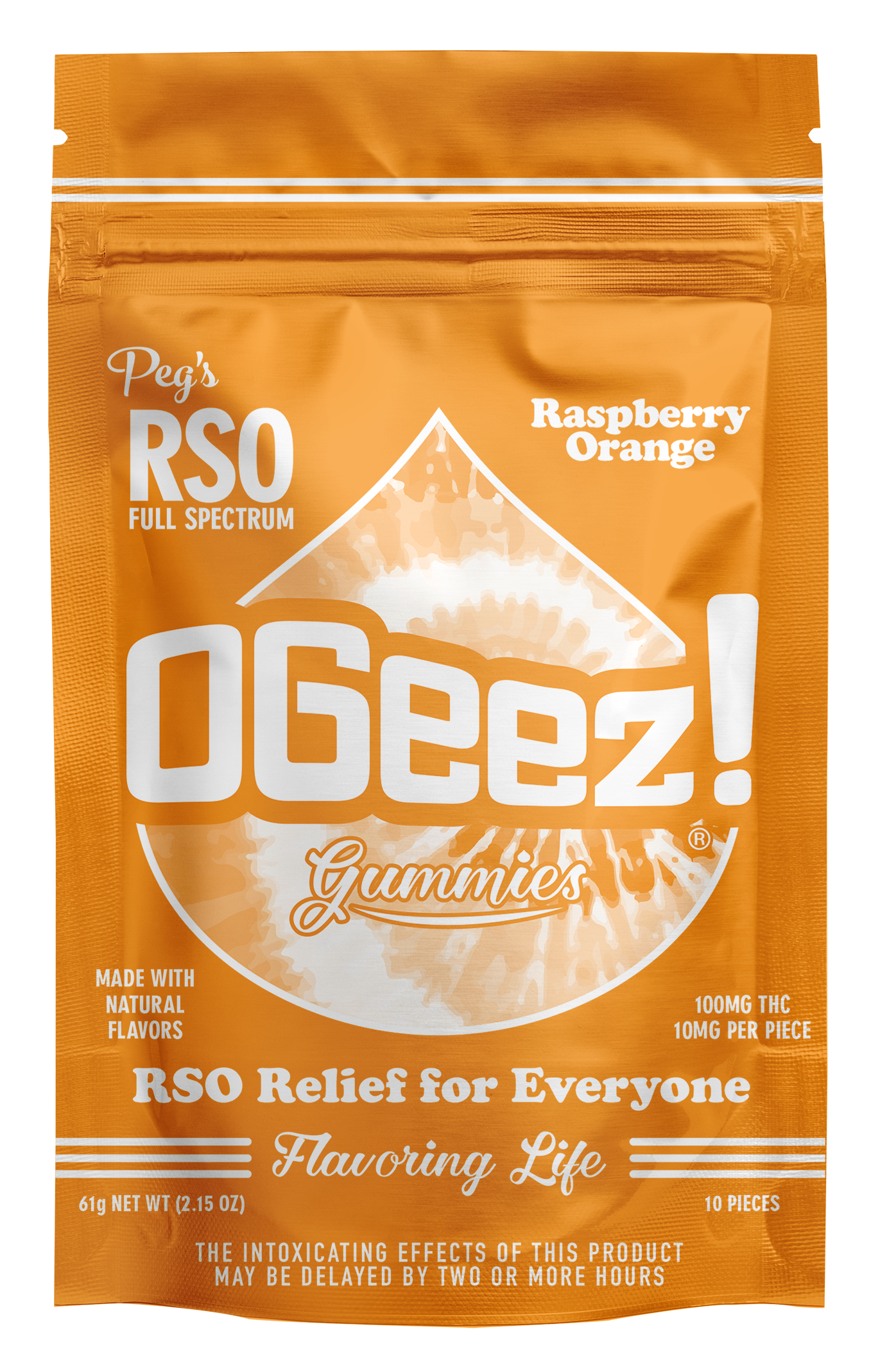 Photograph of product: OGeez Peg's - Raspberry Orange RSO Gummies 100mg