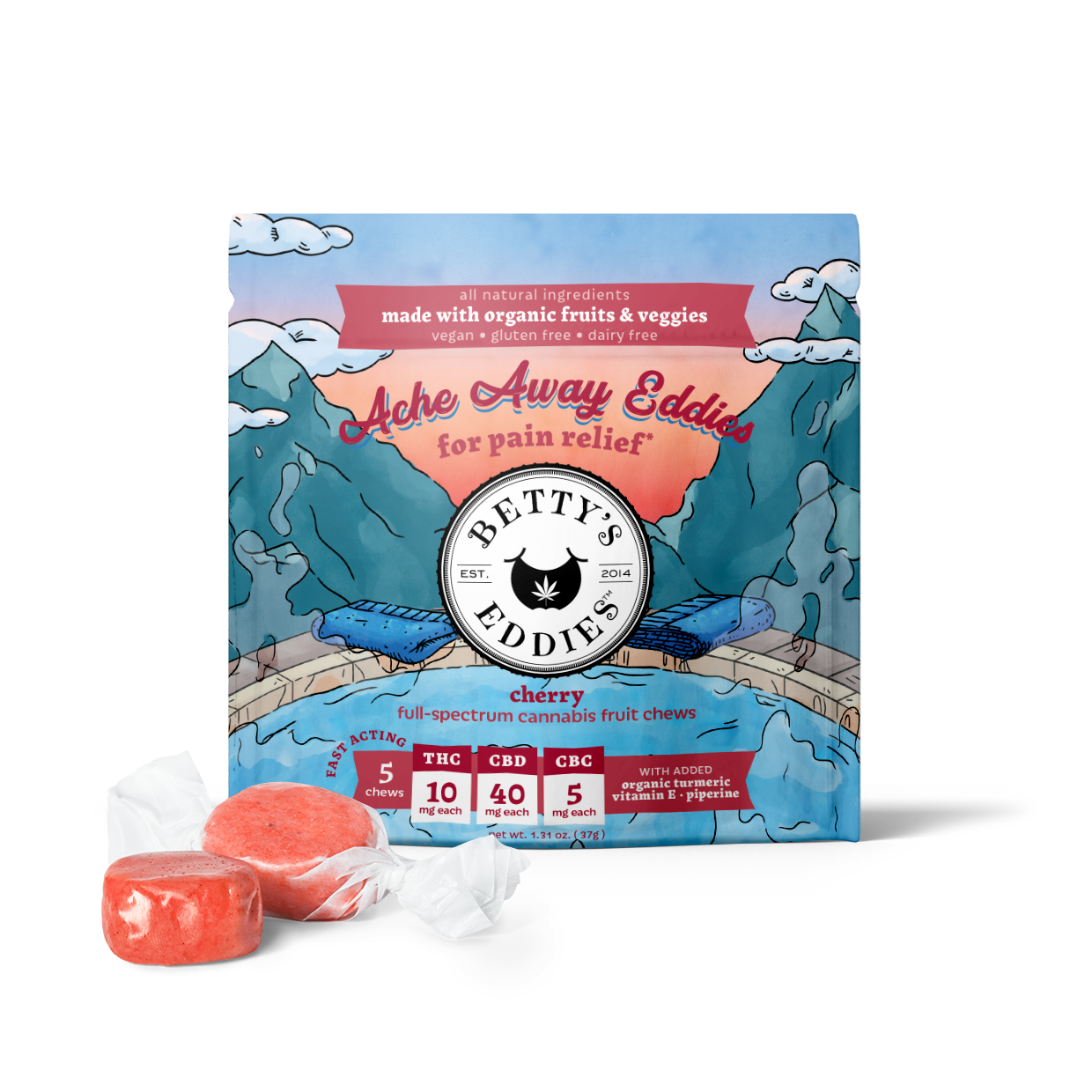 Photograph of product: Betty's Eddies | Ache Away | 1:4:1 TH-oui CBD CBC | 50mg