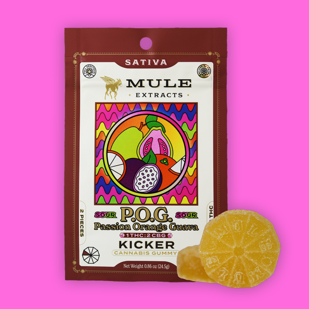 Photograph of product: Mule Extracts POG 1:2 CBG 2pc Kicker Gummy 100mg