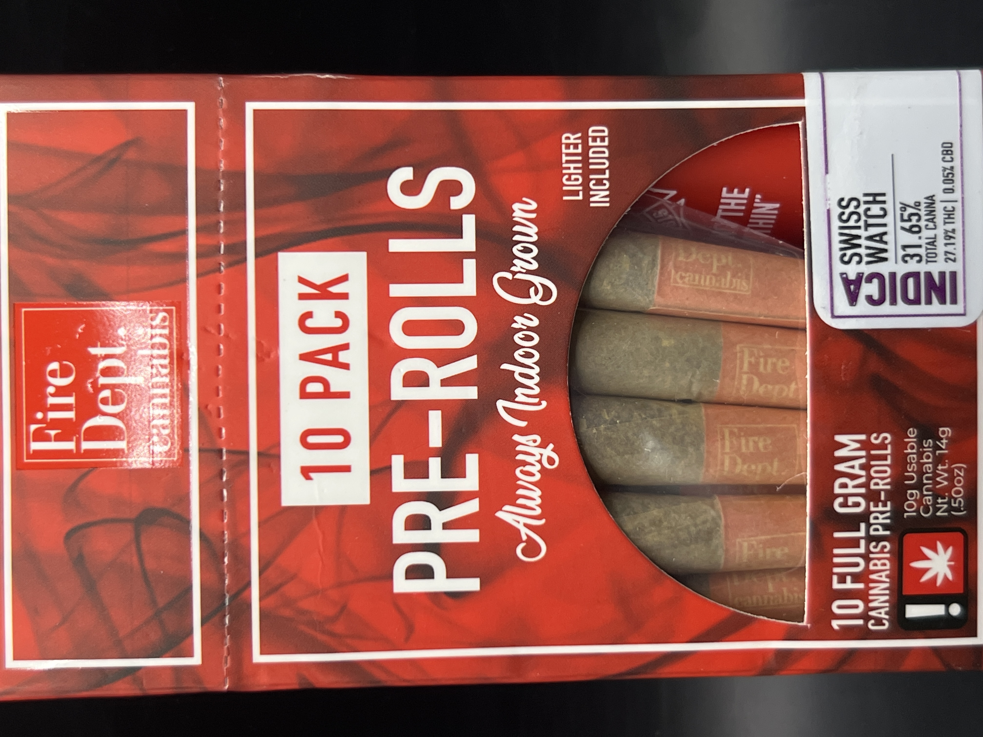 Photograph of product: Fire Dept. Swiss Watch Pre-Roll 10pk with Lighter