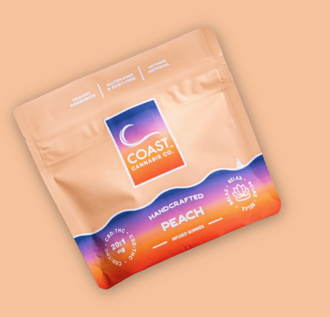 Photograph of product: Coast Peach (H) 20:1 CBD:TH-oui Gummies 5mg 20pc