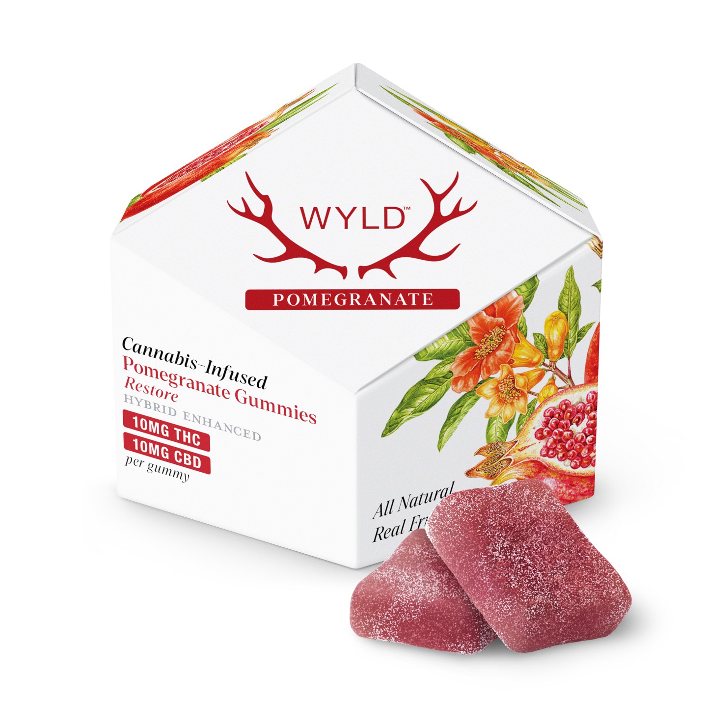 Photograph of product: Gummy | Wyld | 10pc Pomegrante TH-oui/CBD 1:1 Gummies | 100mg TH-oui/100mg CBD