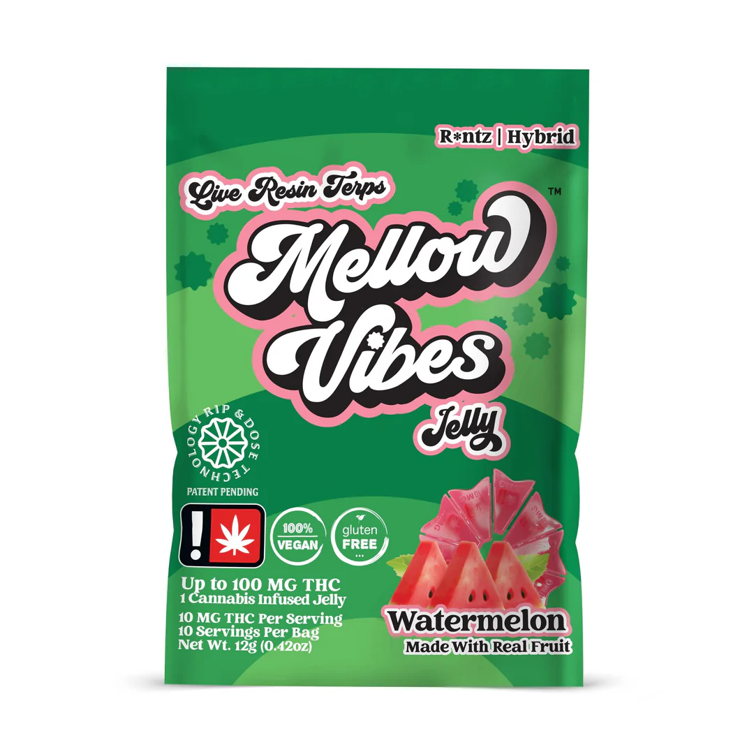 Photograph of Product: Mellow Vibez: Watermelon Gummies 1:1 - 10 Pieces/200mg (Hybrid)
