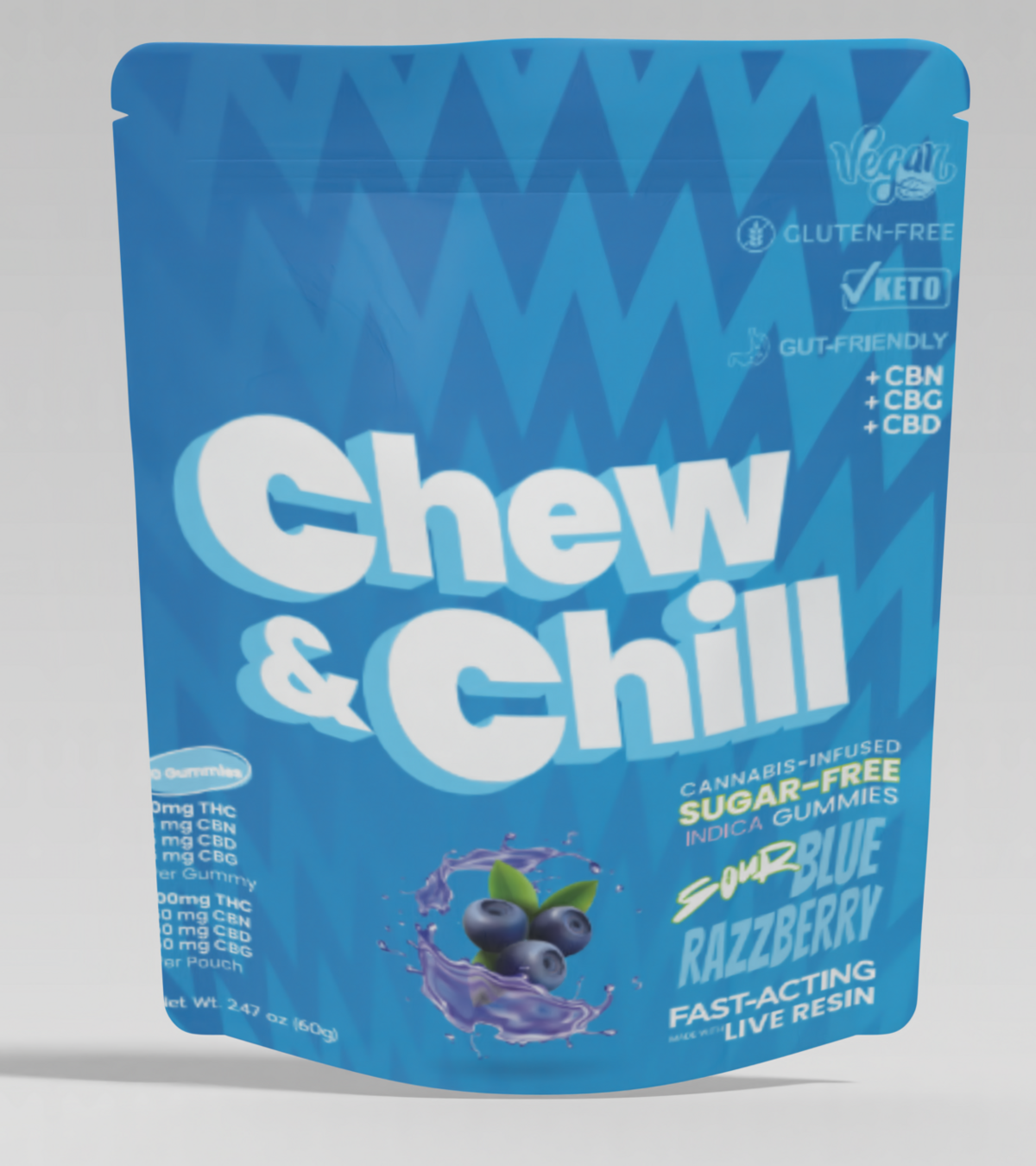 Photograph of product: CHEW & CHILL | SOUR BLUE RAZZBERRY | 2:1:1:1 (TH-oui:CBN:CBD:CBG) | Oui'd GUMMIES | SUGAR-FREE