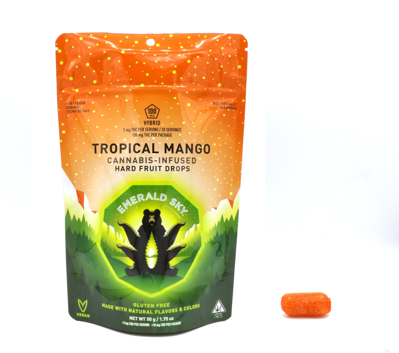 Photograph of product: Emerald Sky - 100mg - 20ct Hard Fruit Drops - Tropical Mango