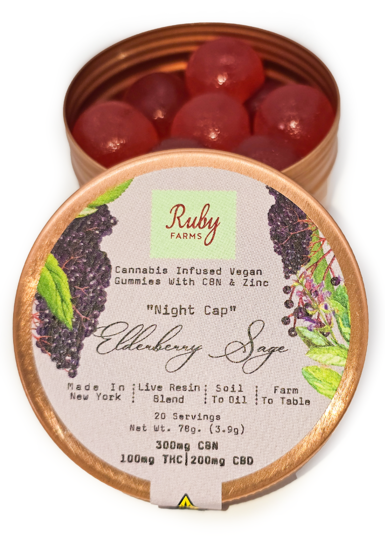 Photograph of product: Elderberry Sage "Night Cap" | 100mg TH-oui | 20 Pack | Gummies | Ruby Farms