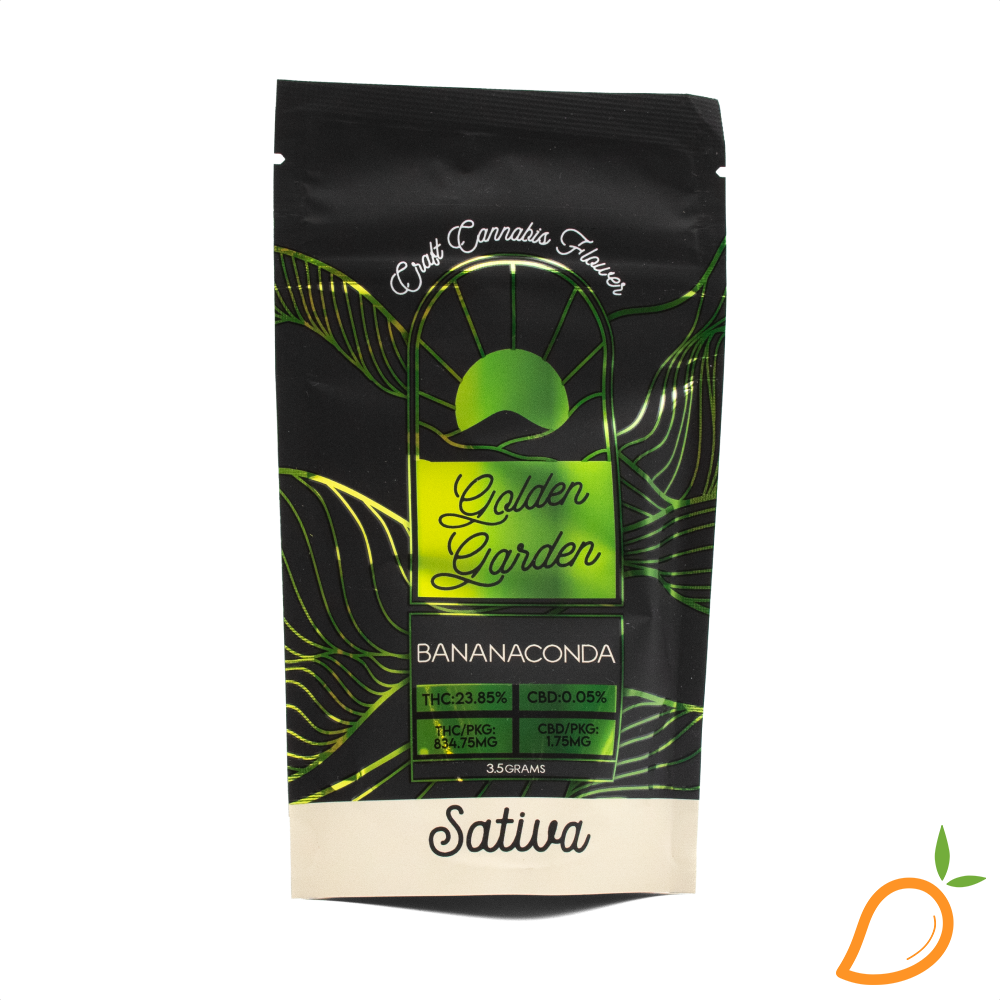 Photograph of product: 3.5g Bananaconda Prepackaged Flower Golden Garden