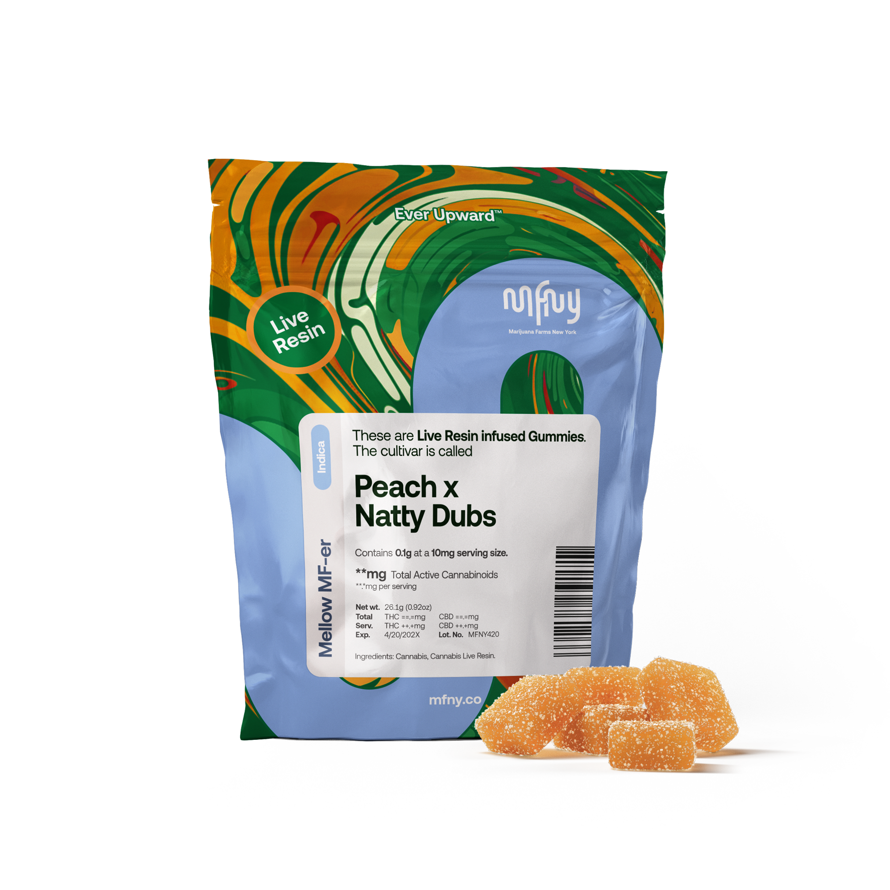 Photograph of product: MFNY Peach x Natty Dubs Live Resin 10pk 10mg Gummies
