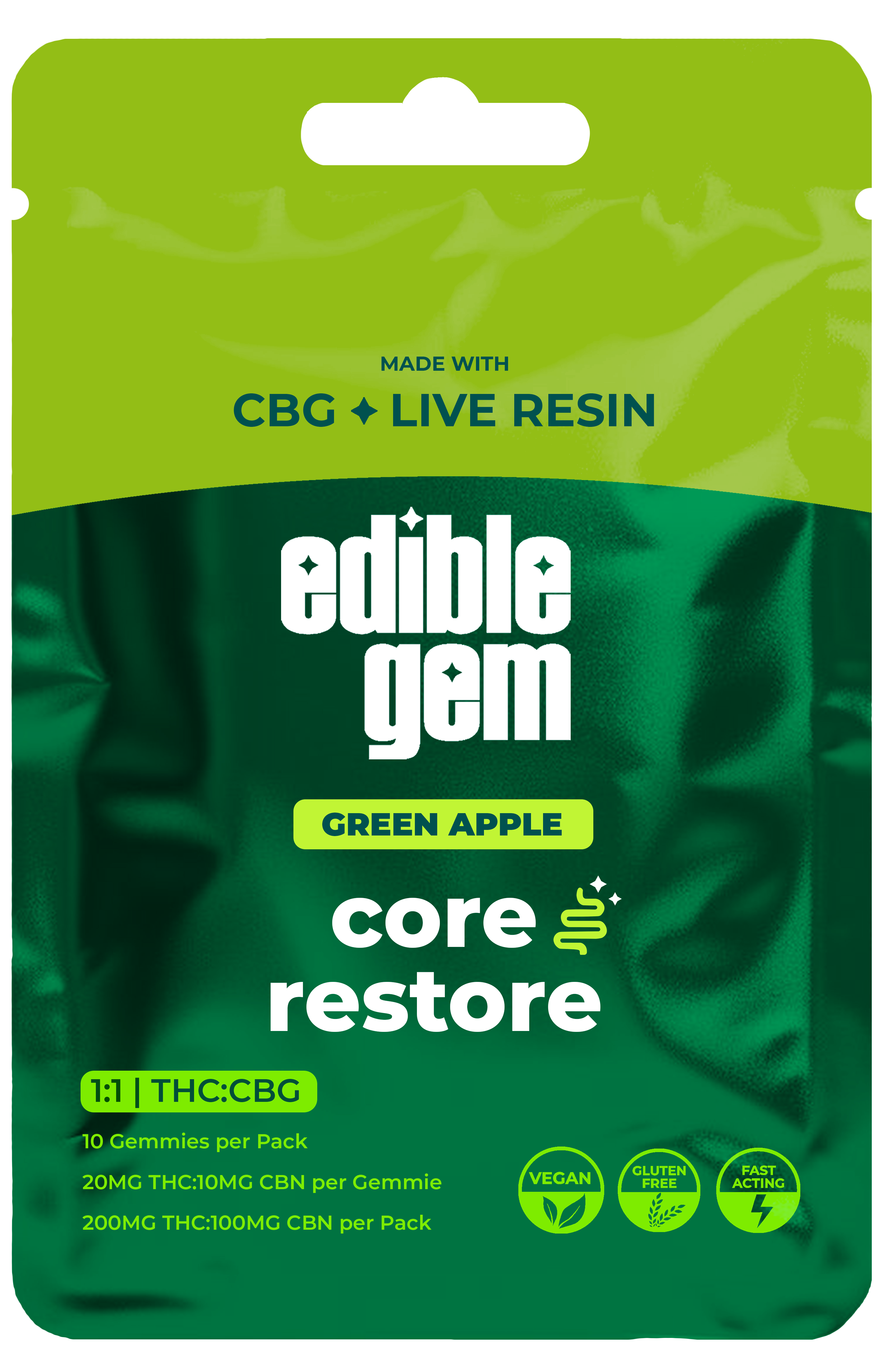 Photograph of Product: Edible Gems | Gummies | Green Apple | Restore 1:1 CBG | 200mg